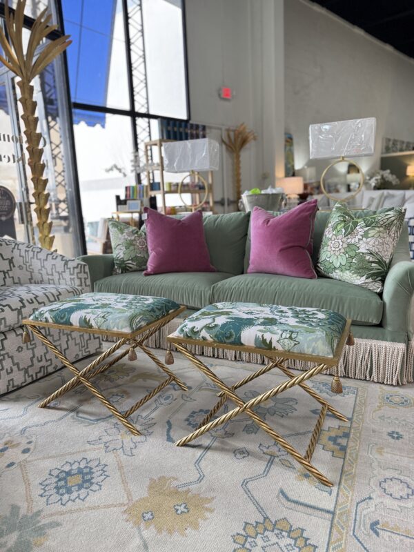 Upholstered x bench ottoman set! $1450 each fabric & golden frame - Image 6