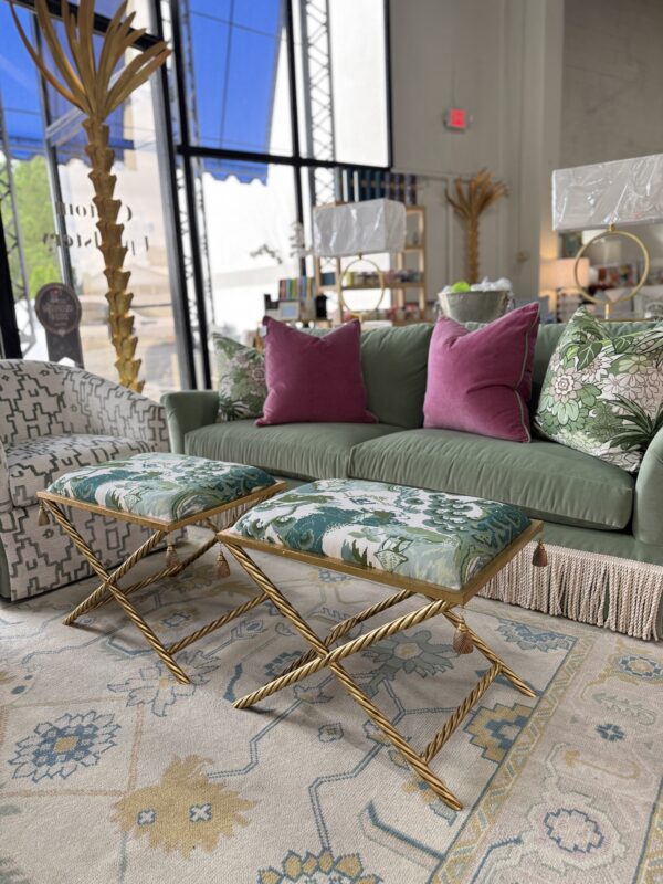 Upholstered x bench ottoman set! $1450 each fabric & golden frame - Image 5