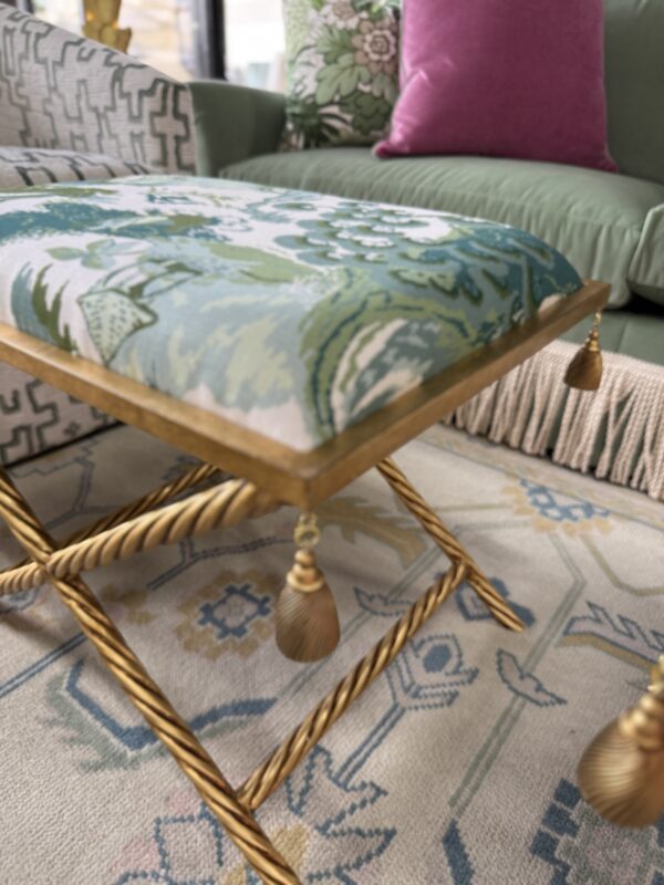 Upholstered x bench ottoman set! $1450 each fabric & golden frame - Image 7
