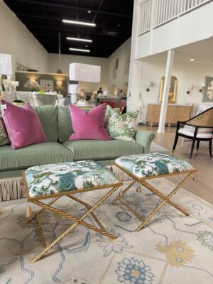 Upholstered x bench ottoman set! $1450 each fabric & golden frame
