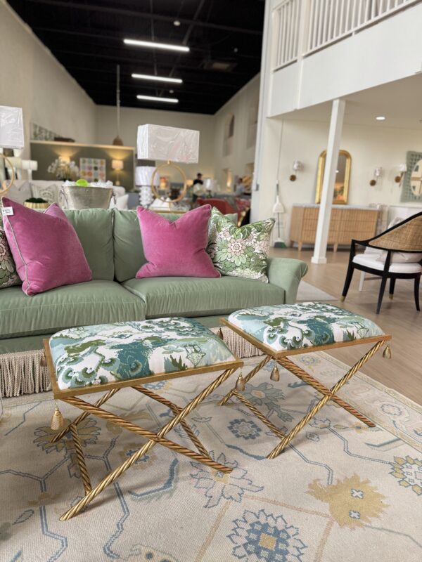 Upholstered x bench ottoman set! $1450 each fabric & golden frame