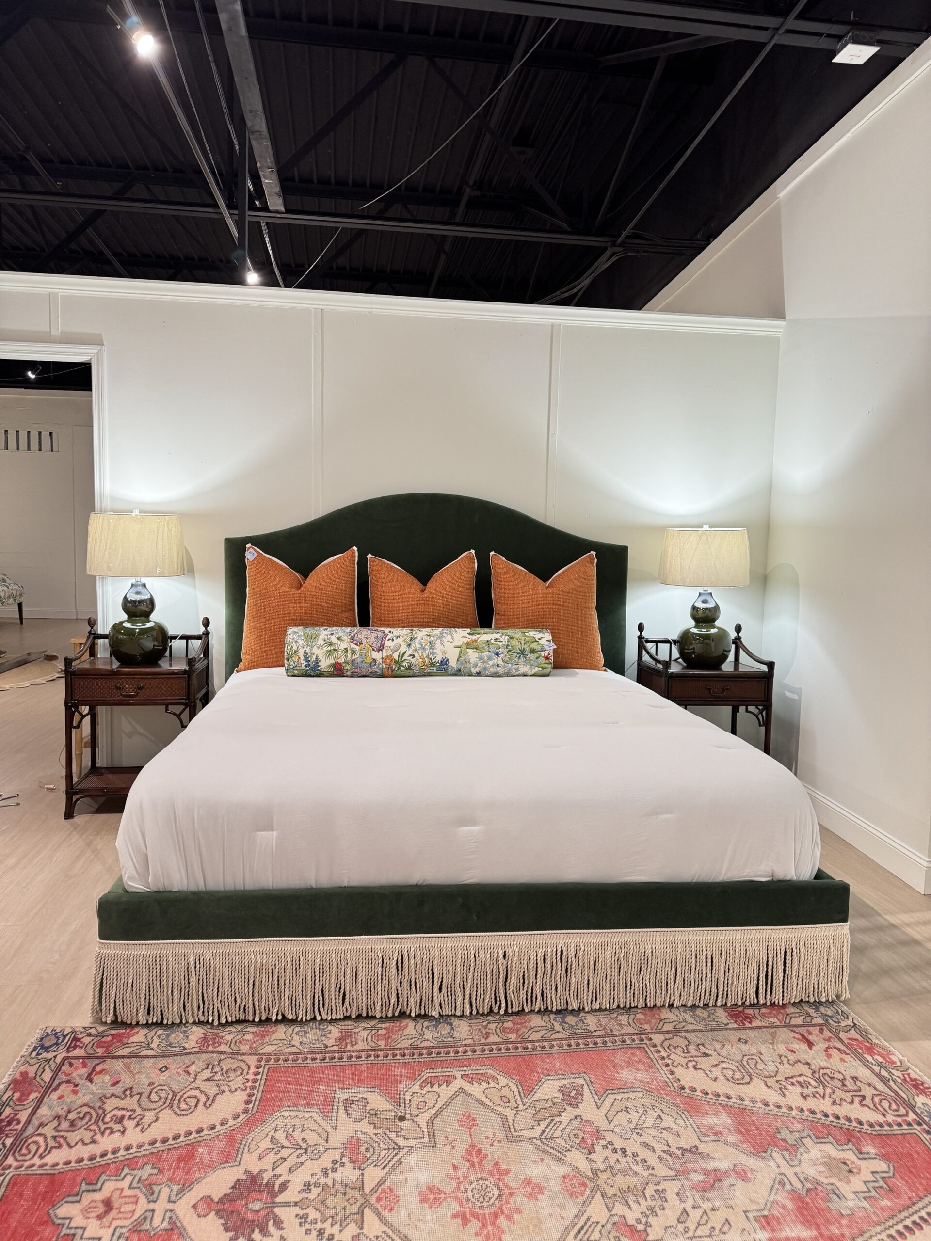 King upholstered bed and performance velvet banks zucchini and natural bouillon trim! - Image 6