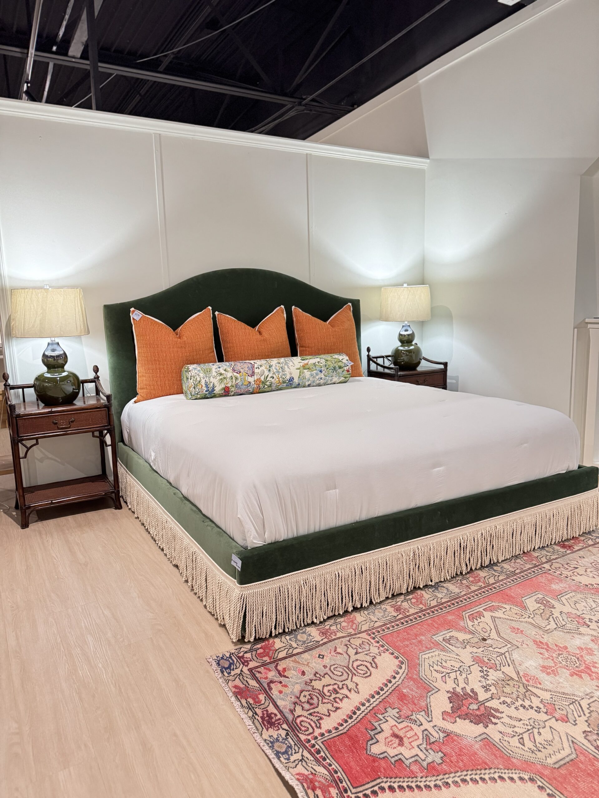 King upholstered bed and performance velvet banks zucchini and natural bouillon trim!