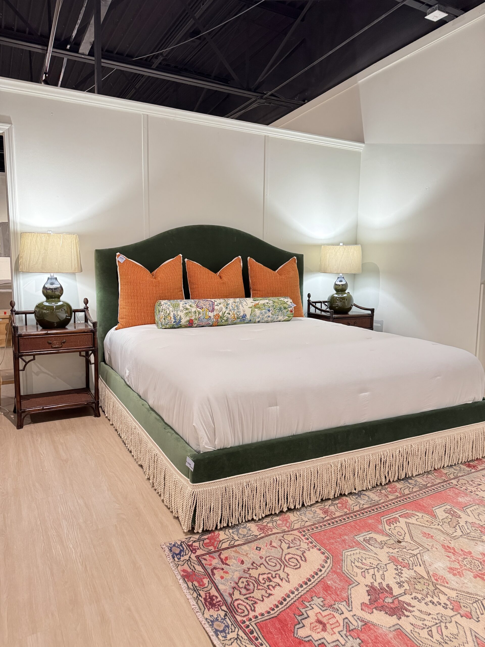 King upholstered bed and performance velvet banks zucchini and natural bouillon trim! - Image 5
