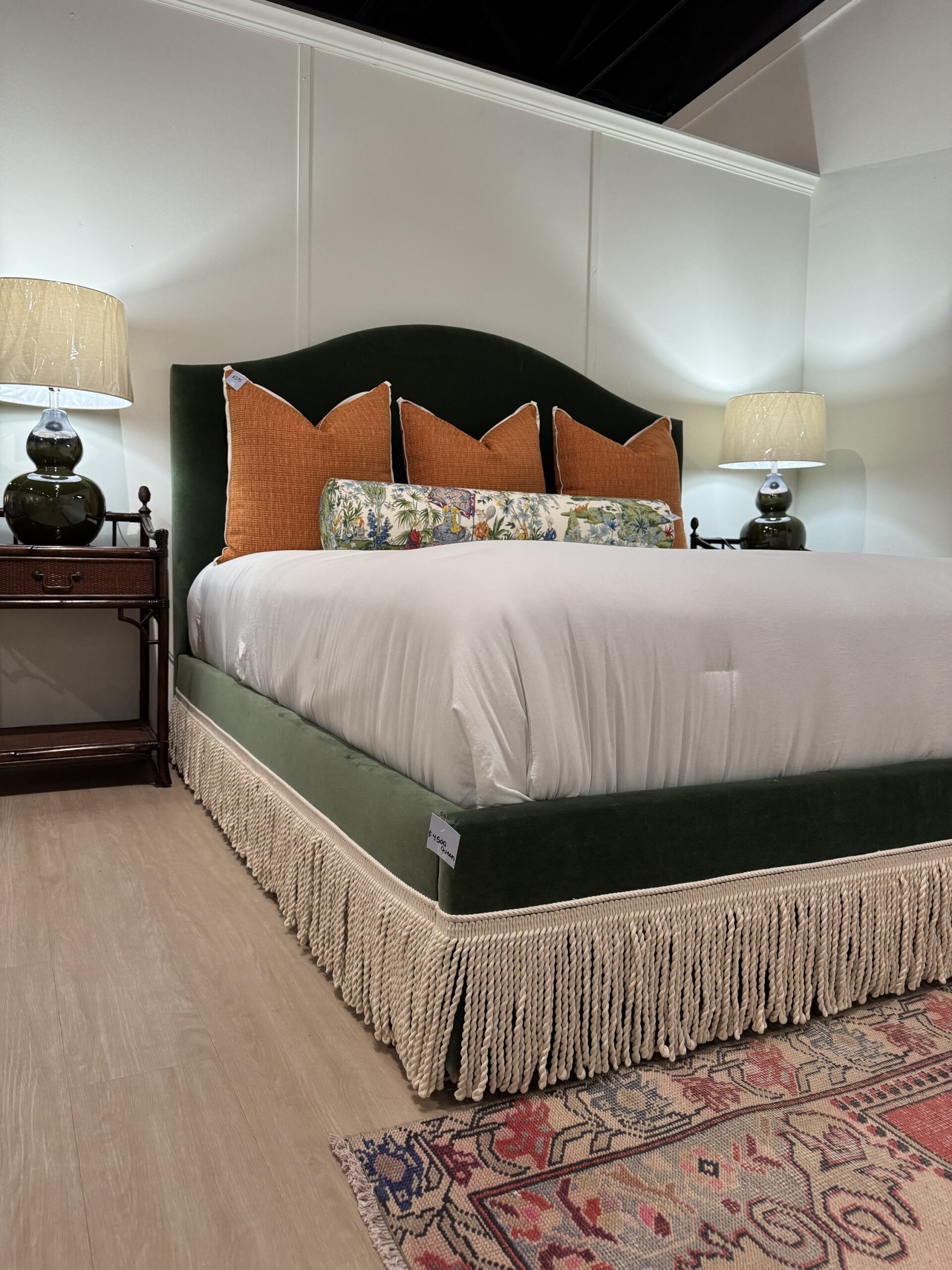 King upholstered bed and performance velvet banks zucchini and natural bouillon trim! - Image 3