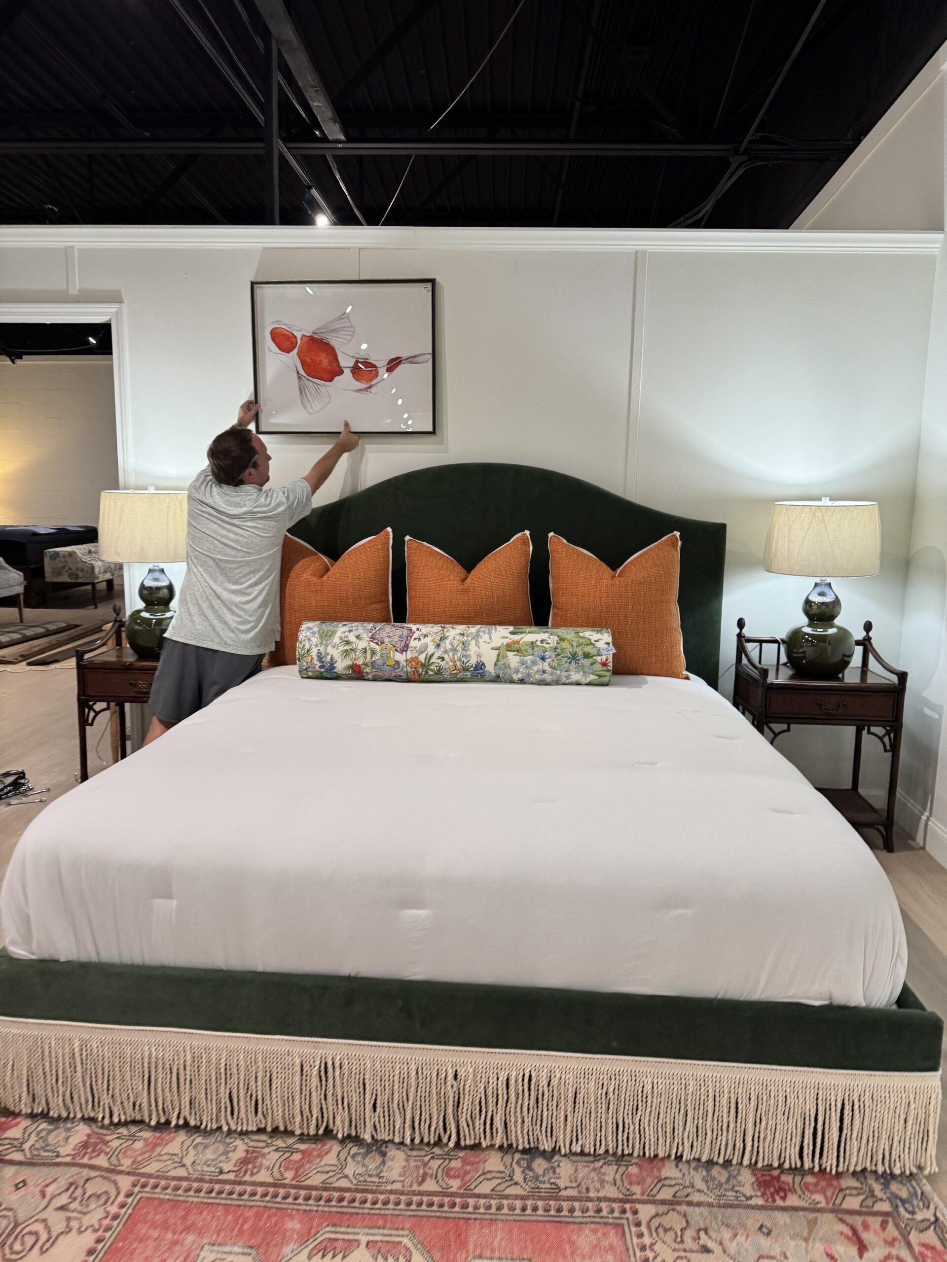 King upholstered bed and performance velvet banks zucchini and natural bouillon trim! - Image 4