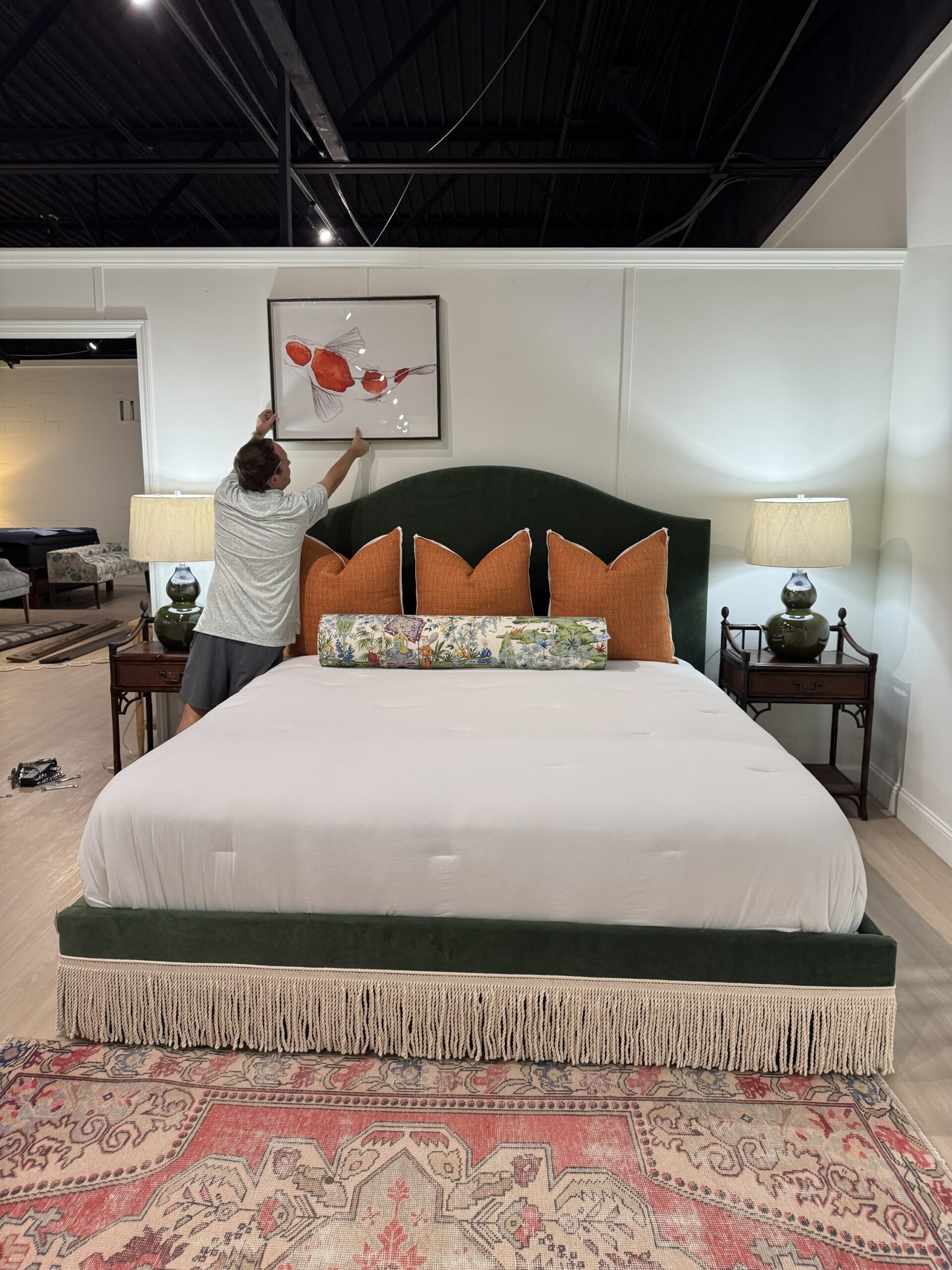 King upholstered bed and performance velvet banks zucchini and natural bouillon trim! - Image 2