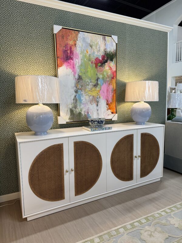 White four-door credenza with interior drawers, interior outlets, and Caine detailing - Image 4