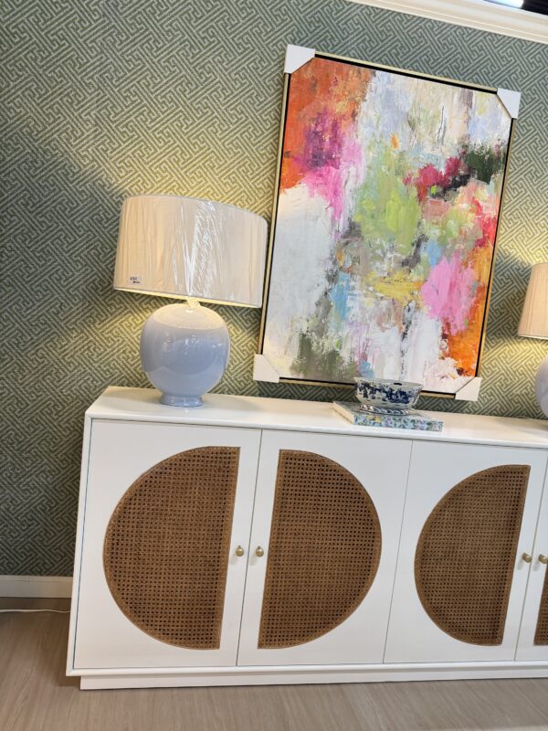 White four-door credenza with interior drawers, interior outlets, and Caine detailing - Image 5