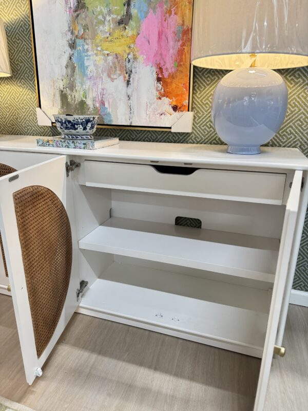 White four-door credenza with interior drawers, interior outlets, and Caine detailing - Image 3