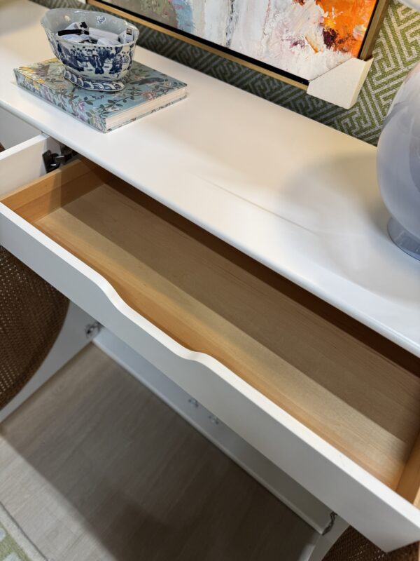 White four-door credenza with interior drawers, interior outlets, and Caine detailing - Image 2