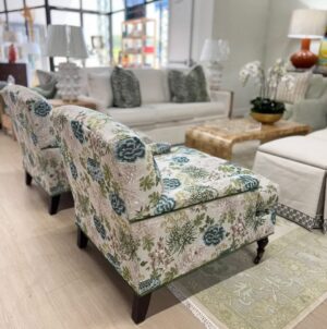 Poppy Club Chair covered in fabric Aquarius, dusk welted in a Green Velvet!