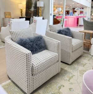 Massoud Gemma swivel chair covered in fabric block party cornflower