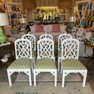 '- SET OF 6 - blue lacquered dining chairs $550 each - performance fabric genie green seat cushion