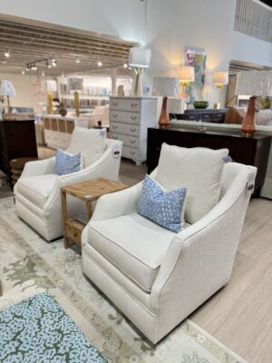 Poppy’s line AM swivel & rock chair $1275 each performance fabric alora
