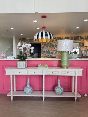 Cream bamboo open console with 4 drawer with gold hardware