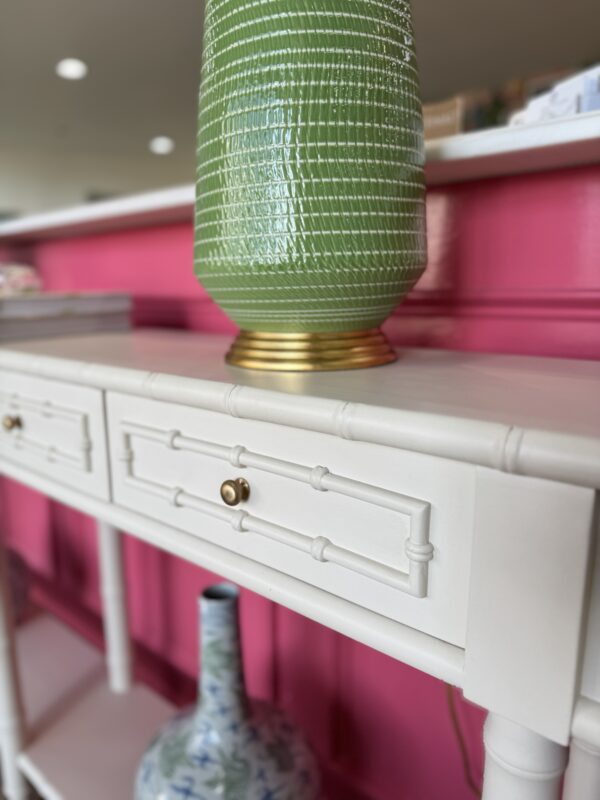 Cream bamboo open console with 4 drawer with gold hardware - Image 2