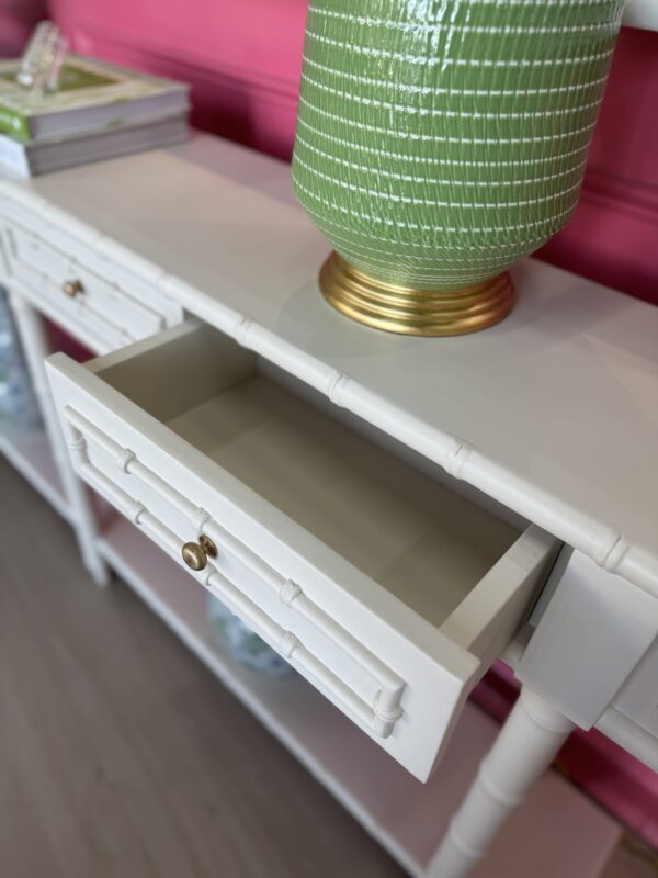 Cream bamboo open console with 4 drawer with gold hardware - Image 4