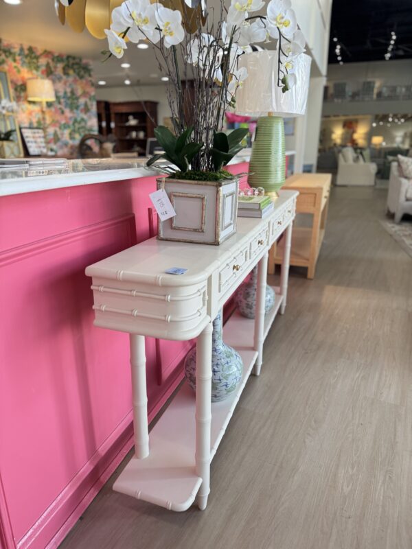 Cream bamboo open console with 4 drawer with gold hardware - Image 5
