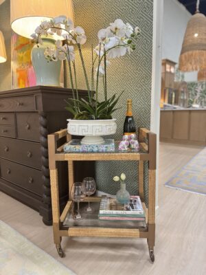Rattan and glass bar cart / drinks trolly on casters!