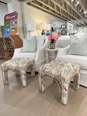 Ottoman set covered in array multi fabric $1450 each and brass nail heads- cleaning code S