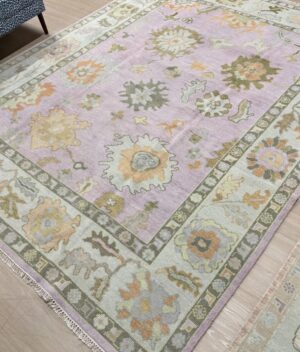 8 x 10 Handmade Turkish Oushak Rug | Light Purple, Coral, Grey
