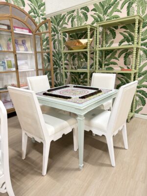 Wildwood home custom lacquered Greek key game table in  BM blue grass!