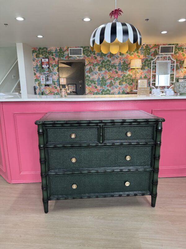 Faux bamboo green chest with soft clothes, drawers, and gold hardware - Image 8