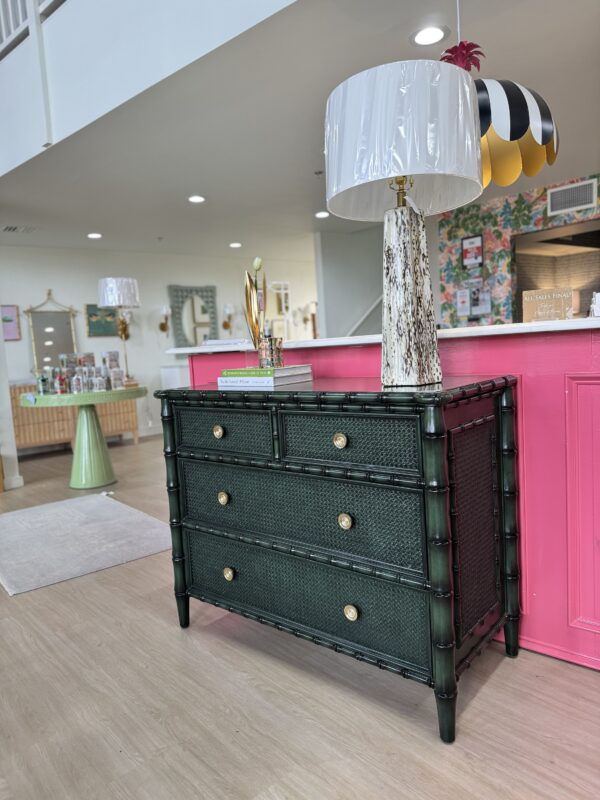 Faux bamboo green chest with soft clothes, drawers, and gold hardware - Image 7