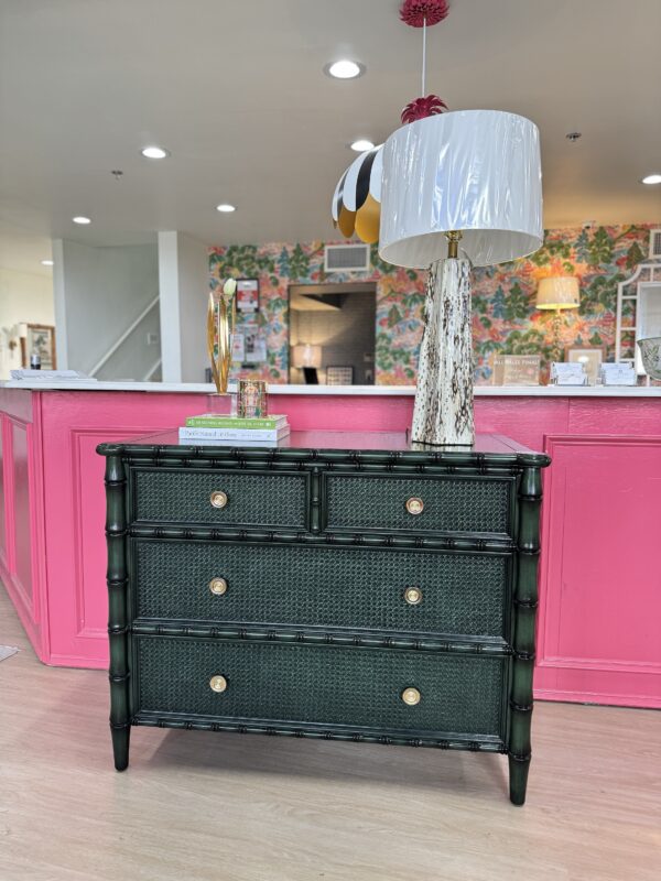 Faux bamboo green chest with soft clothes, drawers, and gold hardware - Image 6
