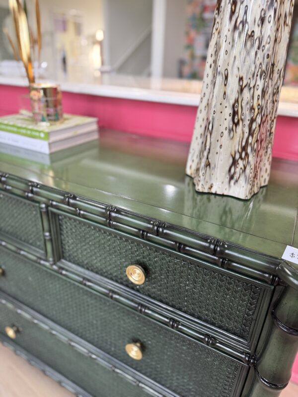 Faux bamboo green chest with soft clothes, drawers, and gold hardware - Image 5