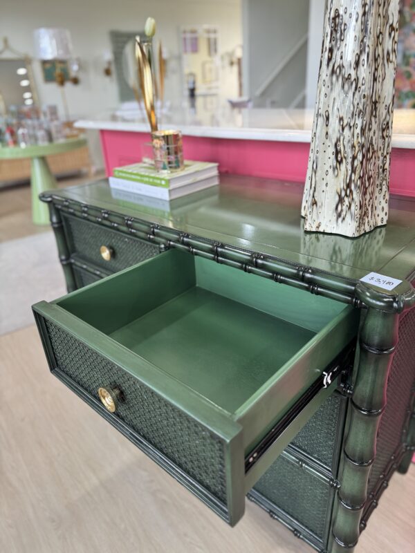 Faux bamboo green chest with soft clothes, drawers, and gold hardware - Image 4