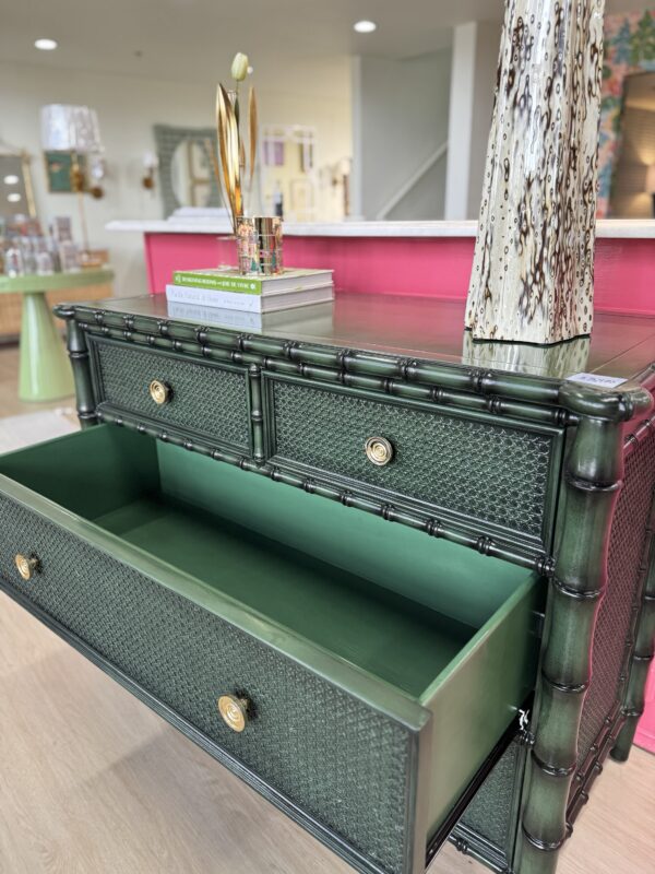 Faux bamboo green chest with soft clothes, drawers, and gold hardware - Image 3