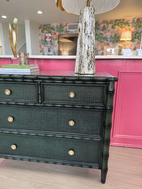 Faux bamboo green chest with soft clothes, drawers, and gold hardware - Image 2