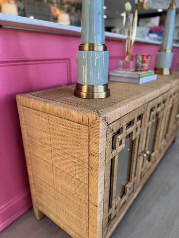 4 door media cabinet in rattan finished with mirror door fronts and gold knobs - Image 3