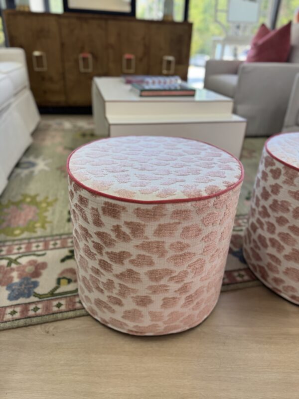 Cylinder ottoman set covered in pink fizz with hot pink welting! Sold as a set of 2 - Image 2