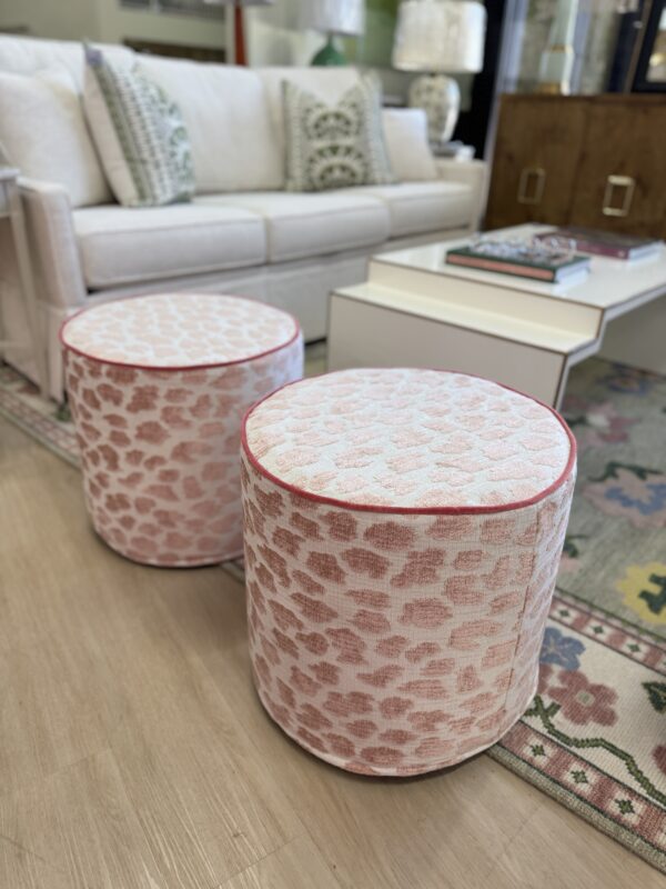 Cylinder ottoman set covered in pink fizz with hot pink welting! Sold as a set of 2 - Image 3