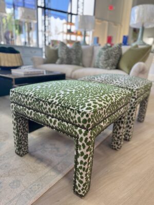 Ottoman set covered in fabric, seeing spots jungle $1650 each and brass nail heads