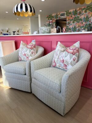 Set of (2) swivel rock Barrel Chairs $2750 each fabric: green greek key- cleaning code S