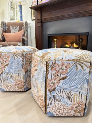 Set of hexagon ottoman in floral fabric with velvet welt and underskirt!