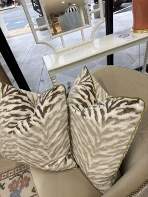 22 x 22  pillows with down inserts (set of 2) SOLD AS A SET blazen coco with lime green welt