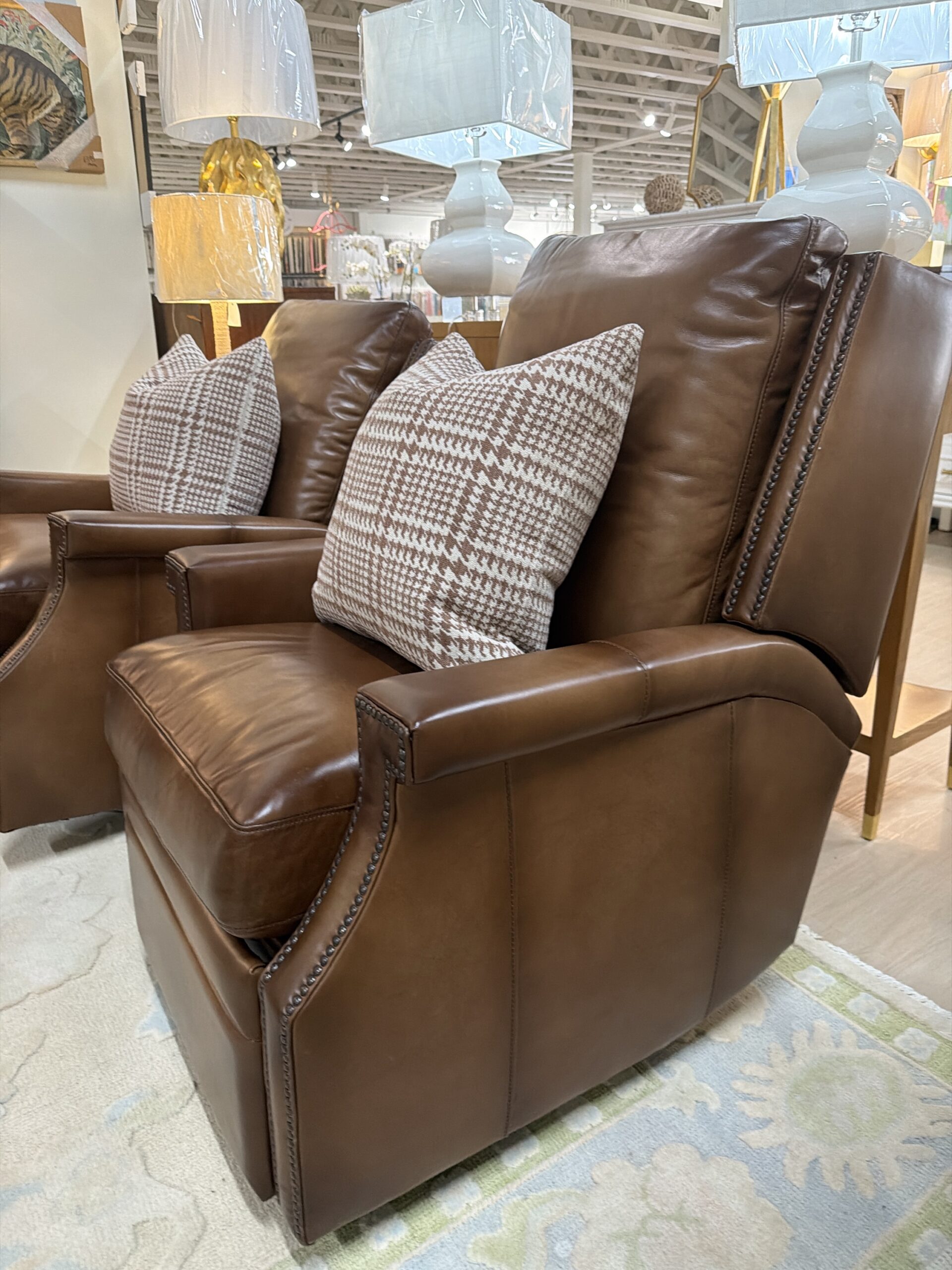 ELECTRIC RECLINER SET! These swivel rock & recliner $2300 EACH- must be plugged in and these include a USBC port to charge your phone! Covered in brown leather! - Image 3
