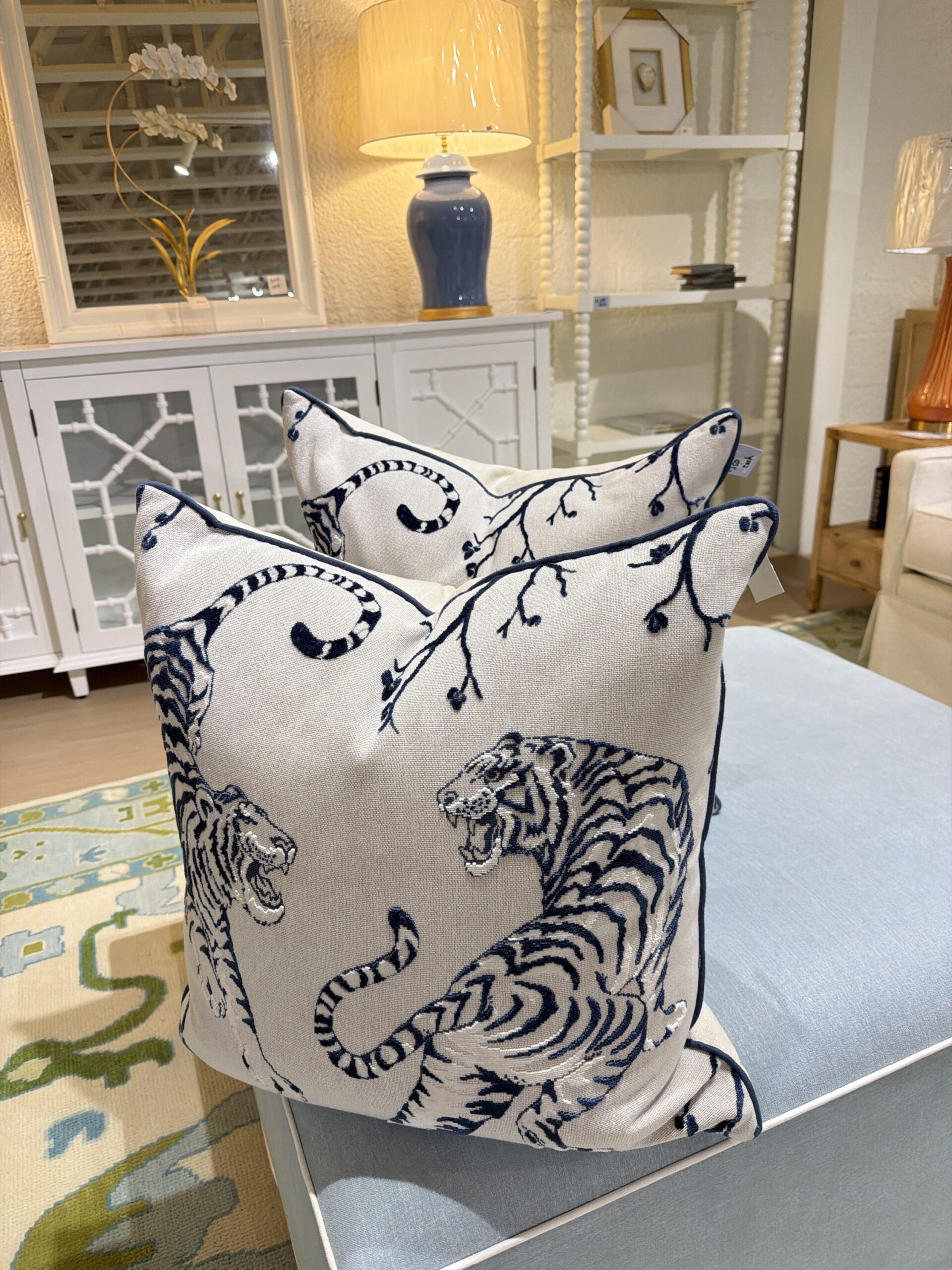 22 x 22 pillows with down inserts (set of 2) SOLD AS A SET blue aggressive tiger