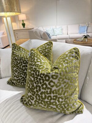22 x 22  pillows with down inserts (set of 2) SOLD AS A SET leapord green with yellow welt