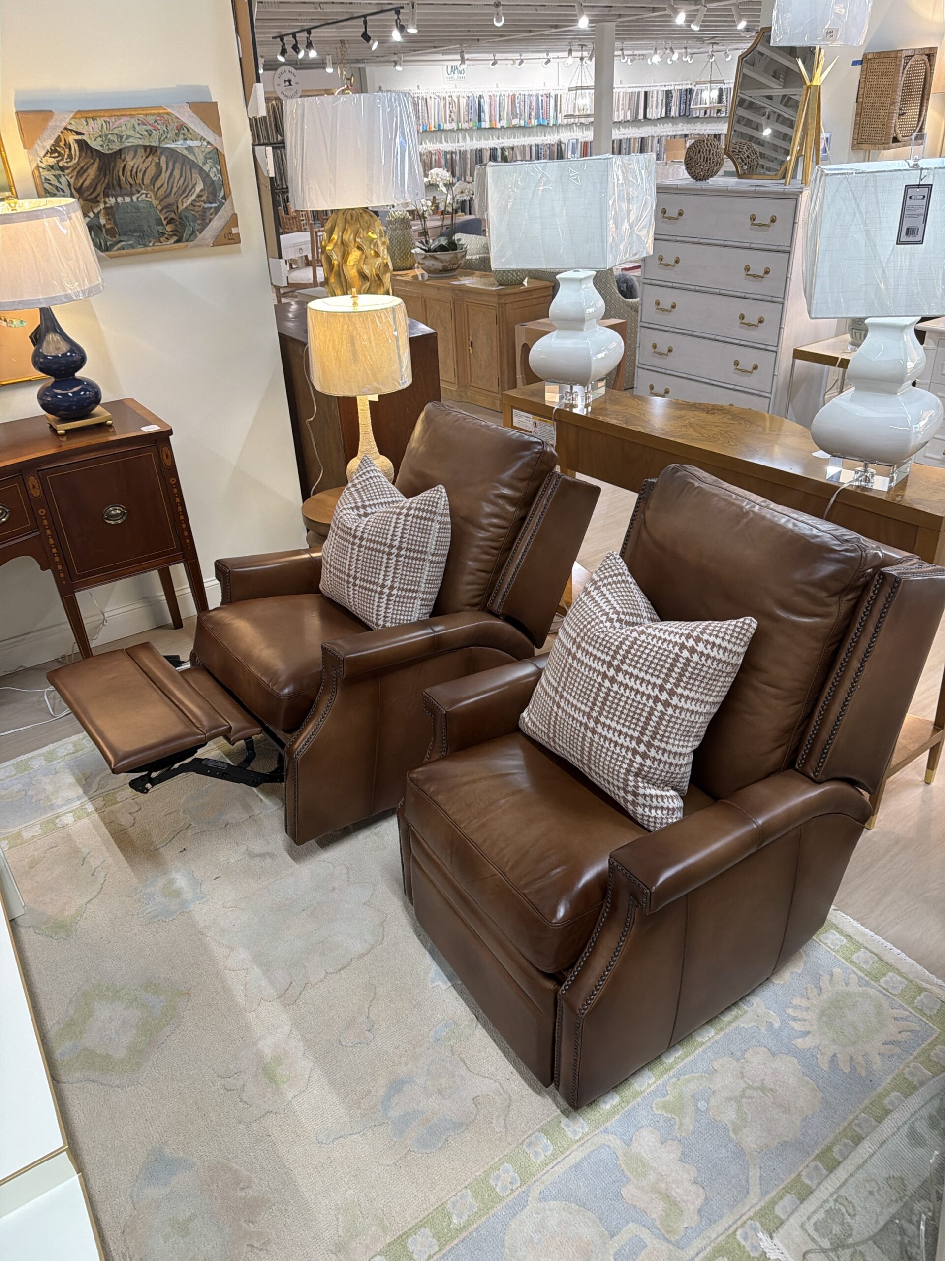 ELECTRIC RECLINER SET! These swivel rock & recliner $2300 EACH- must be plugged in and these include a USBC port to charge your phone! Covered in brown leather! - Image 2