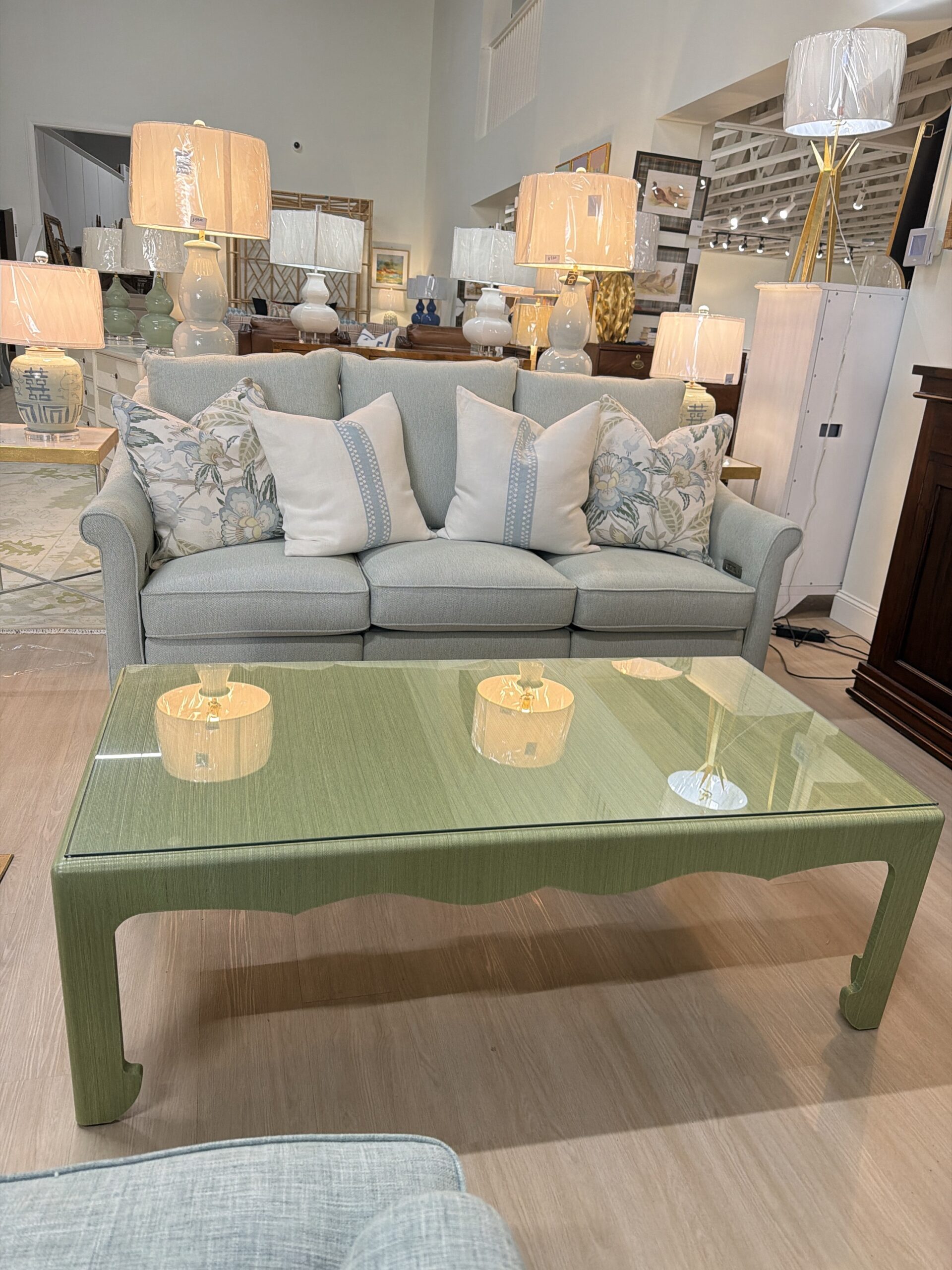 Green grass cloth coffee table with glass top included