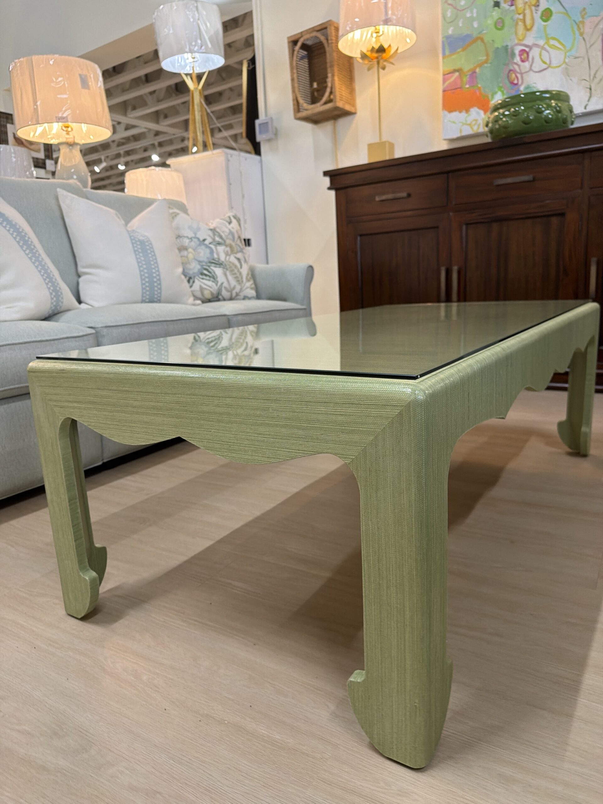 Green grass cloth coffee table with glass top included - Image 2