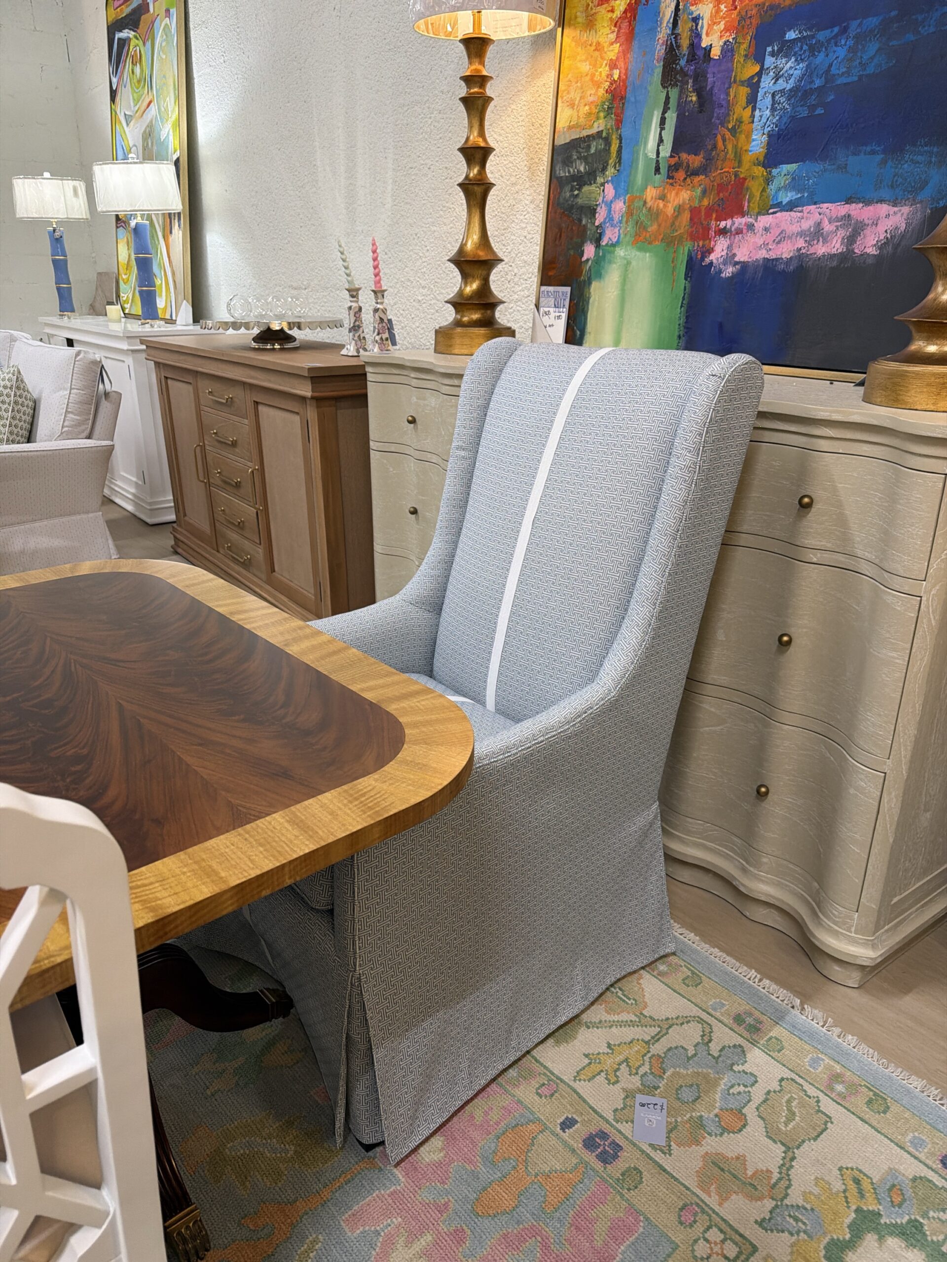 Wesley hall Head dining lillington coveted in fabric Hopkins mist with white trim! These are spot clean! Set of 2. - Image 3