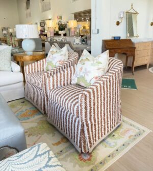 NEW | Wesley hall maycott swivel chair set ! Covered in fabric Jenkins blush with neutral tape trim!