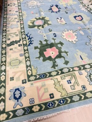 Blue Green Pink Turkish oushack rug 9 x 12